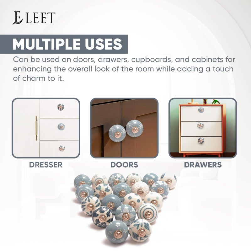 Eleet Assorted Ceramic Cabinet Knobs - Vintage Cabinet Cupboard Door & Drawer Pulls Chrome Hardware (Ceramic Knobs Set of 20, Grey & White) - Image 5